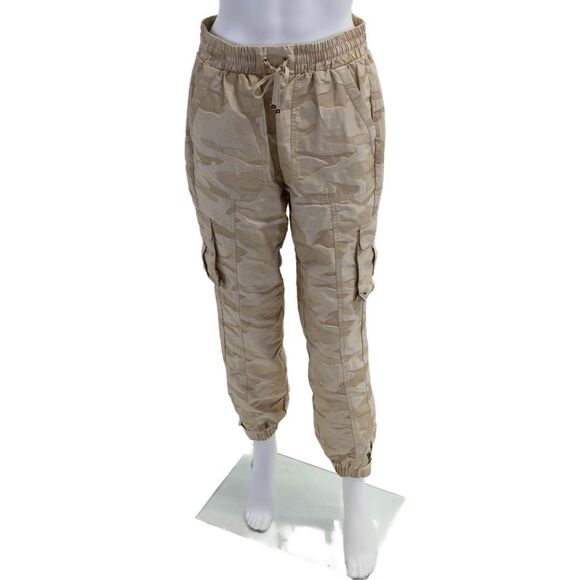 Blanc Noir Pants - Blanc Noir Womens Camouflage Print Drawstring Cargo Joggers Beige Size M
